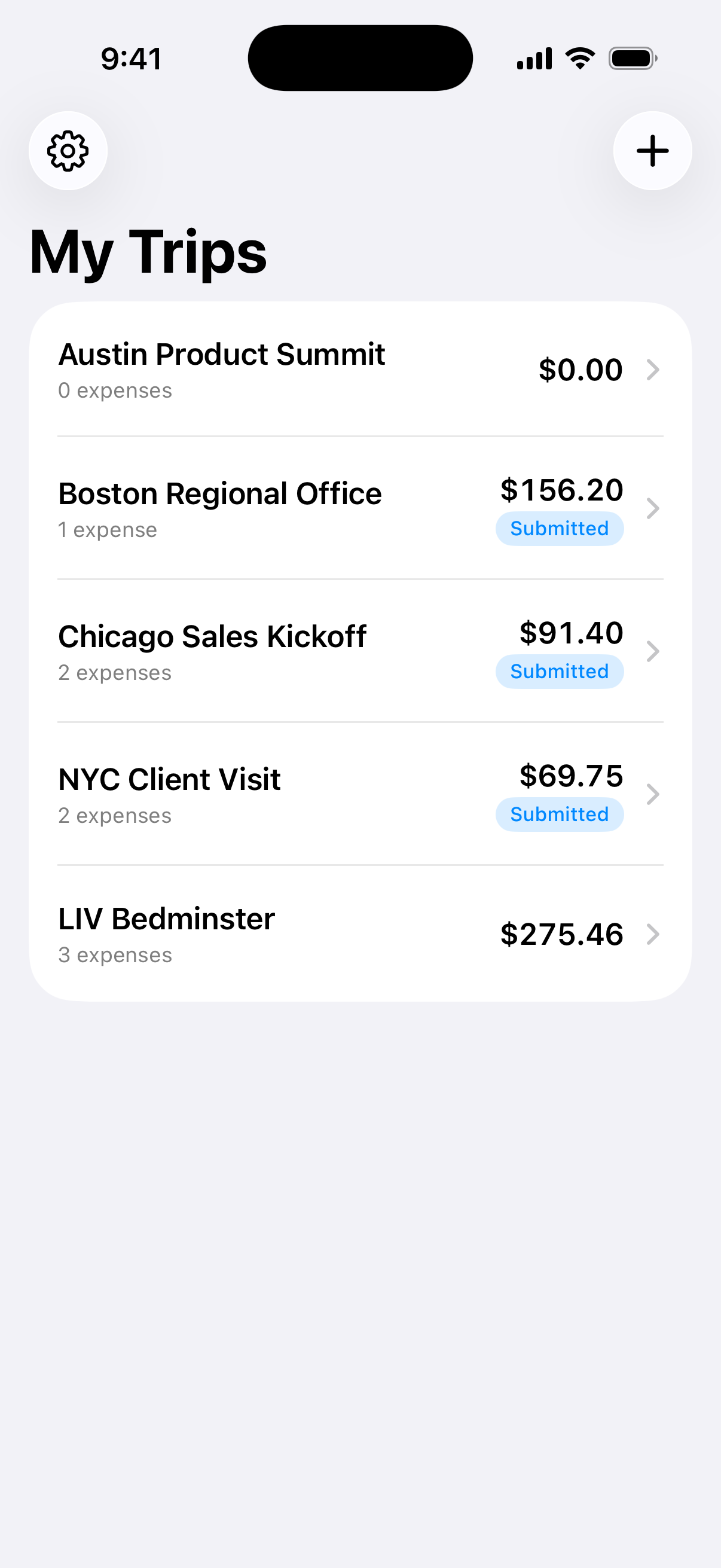 My Trips list with active, submitted, and upcoming trips